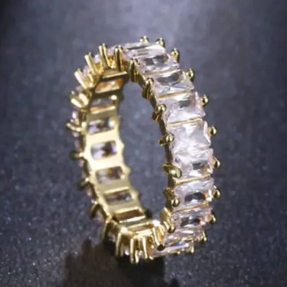 Yellow Gold Plated Eternity Ring Size 6.5 Wide Band Cubic Zirconia Baguettes